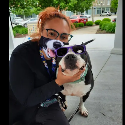 Team Member with a Dog Wearing Sunglasses